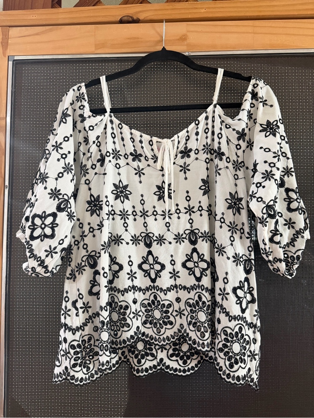 White Peasant Tunic with Black Floral Embroidery